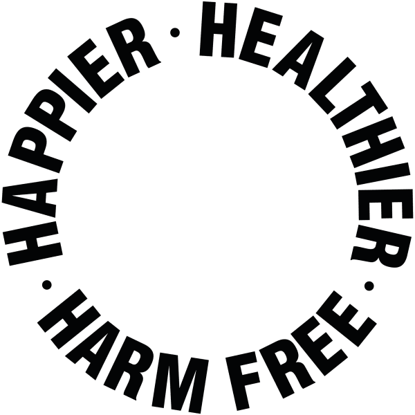 Logo with the words 'Happier, Healthier, Harm Free' in a circle.