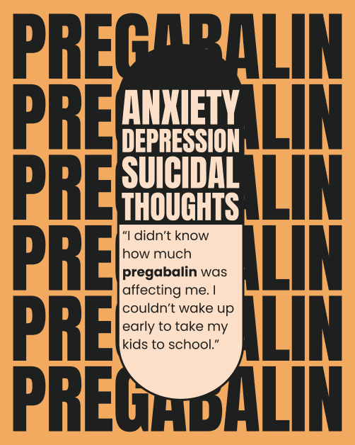 Warning poster with a orange background and medicine names. A pill bottle says 'Anxiety, Depression and Suicidal Thoughts'. The message has a quote about how someone didn't know the mental health impact that pregabalin has on them.