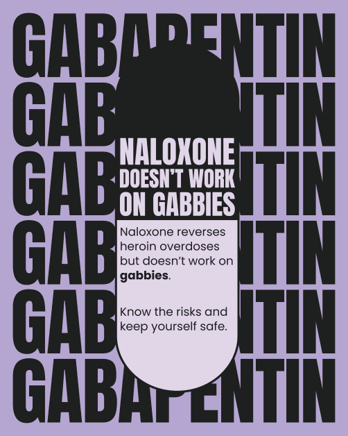 Warning poster with a purple background and medicine names. A pill bottle says 'Naloxone Doesn't Work on Gabbies'. The message explains how naloxone doesn't work on gabbies (gabapentin).