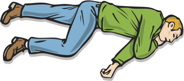 Simple illustration of first aid recovery position showing proper placement of legs and arms so patient will remain stationary if unconscious.